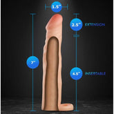 The Performance Plus Fortitude 2.5" Penis Xtender by Blush Novelties is showcased against a dark background, featuring a silicone design shaped like a partial cylinder. Crafted from body-safe, dual-density silicone, this penis extender measures 7 inches in length—comprising a 2.5-inch extension and 4.5 inches of insertable length—with a width of 1.5 inches for an ideal fit.